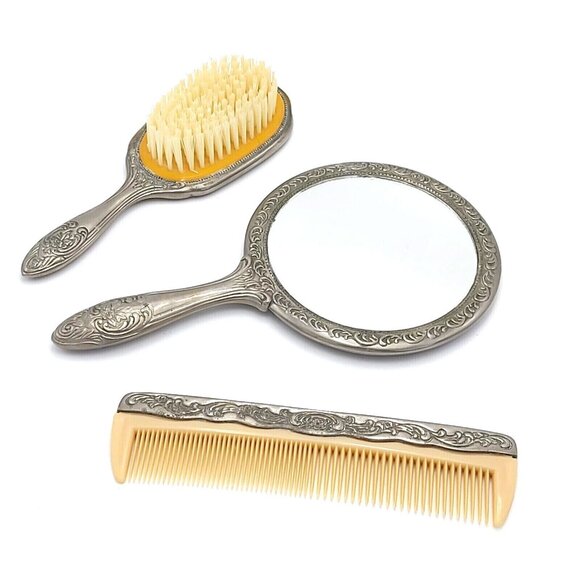 Dresser or Vanity 3 Piece Set Includes Brush Comb Handheld Mirror Silver Plated - Picture 2 of 10